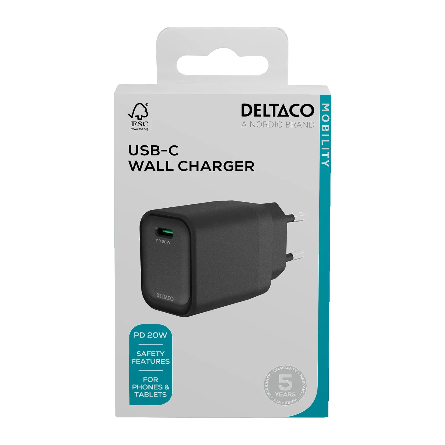 USB-C-väggladdare, 1x USB-C PD, 20 W, svart (ny)